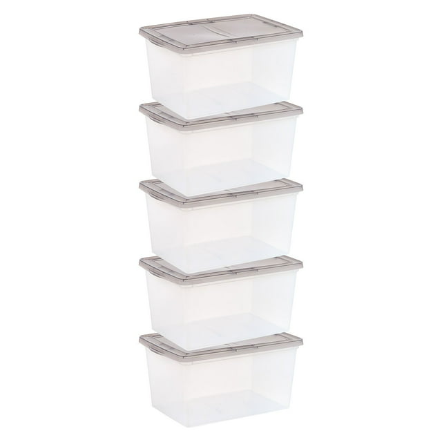 IRIS USA 58-Quart Snap Top Plastic Storage Box, Clear with Gray Lid, Set of 5