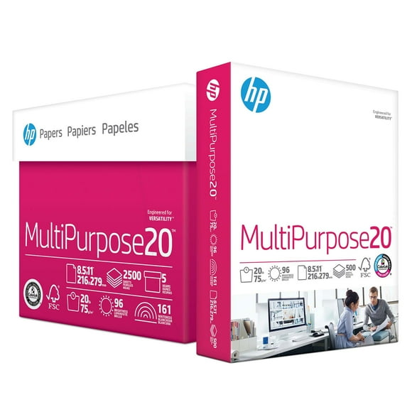 HP Multipurpose Copy Paper, 8.5 x 11”, 96 Bright, 20 lbs., 5 Reams (2,500 sheets)