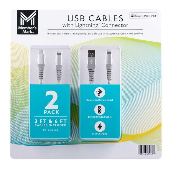 Member's Mark Apple USB Lightning 3ft and 6ft Cables (2 pk.)
