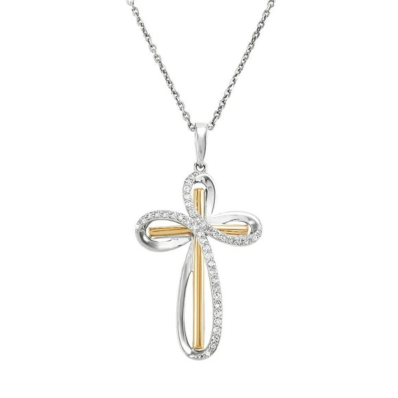 Diamond Cross Pendant in Sterling Silver and 14K Gold