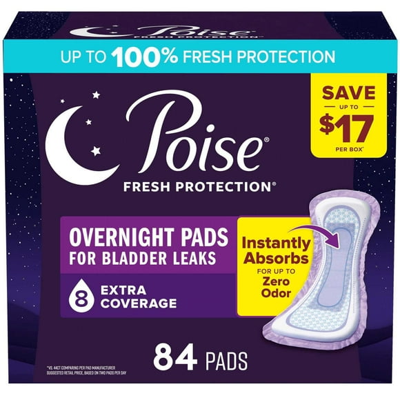 Poise Incontinence Pads, 8 Drop Overnight, 84 ct.
