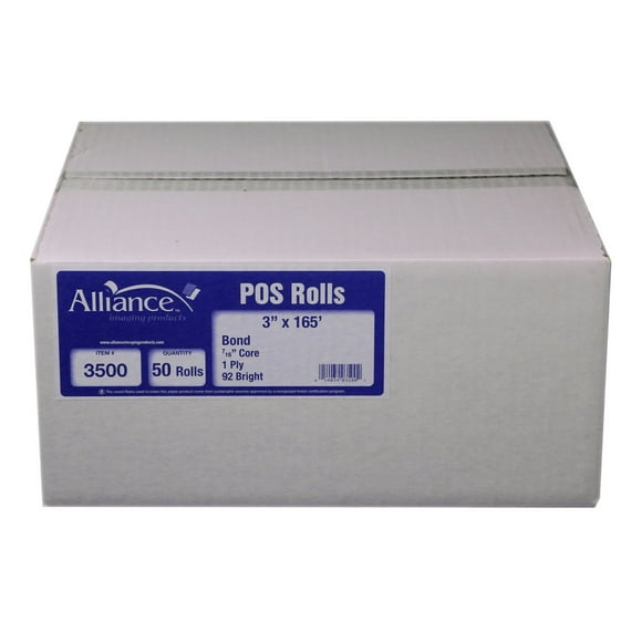 Alliance Bond Paper Receipt Rolls, 3"x165', 50 Rolls