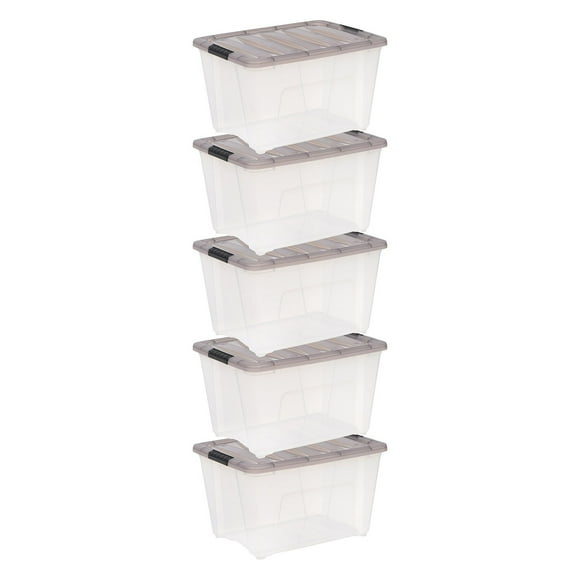 IRIS USA, Stack & Pull 53 Quart Clear Plastic Storage Boxes with Buckles, 16.50" W x 22" L x 13.03" H, 5 Piece Set