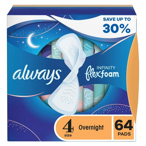 Always Infinity FlexFoam Overnight Pads with Wings, Unscented, Size 4, 64 ct.