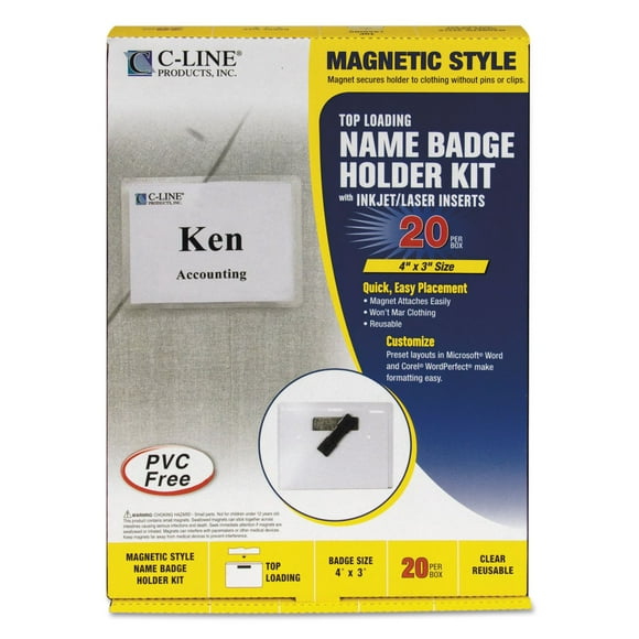 C-Line Magnetic Name Badge Holder Kit, Horizontal, 4" x 3", Clear 20 per box