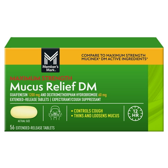 Member's Mark Maximum Strength Mucus-DM Guaifenesin and Dextromethorphan Hydrobromide Extended-Release Tablets, 1200 mg/60 mg, 56 ct.