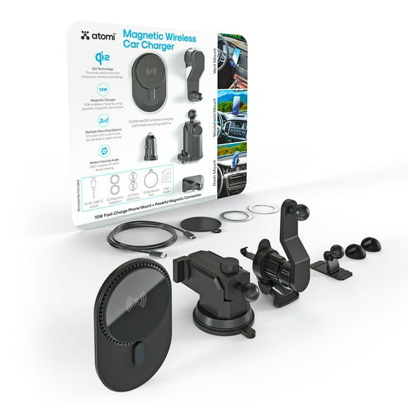 Atomi Qi2 Wireless Car Charging Kit, Three Mounting Options