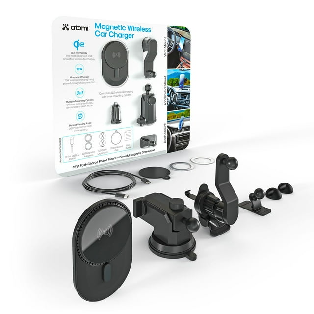 Atomi Qi2 Wireless Car Charging Kit, Three Mounting Options