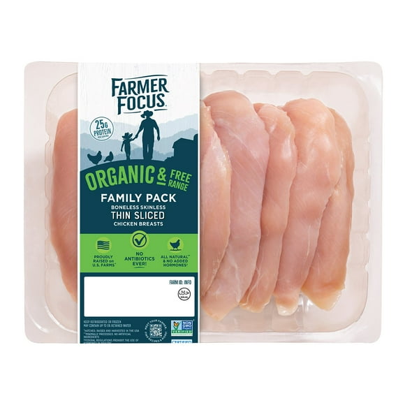Farmer Focus Organic Thin Sliced Boneless Skinless Chicken Breast, priced per pound