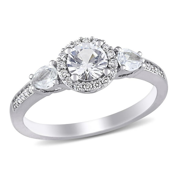 White Sapphire & Diamond Accent Three Stone Halo Ring in 14K Gold