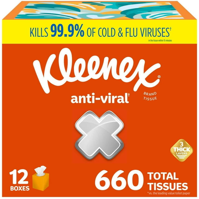 Kleenex Anti-Viral Facial Tissues 12 boxes, 55 tissues/box