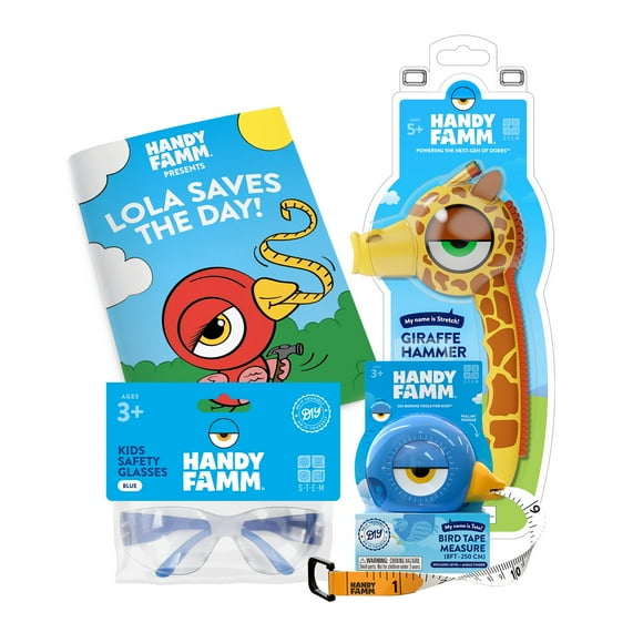Handy Famm Kid-Friendly Tool Set for Creative and STEM Learning – Giraffe Hammer, Bird Tape Measure, Safety Goggles, Coloring Book