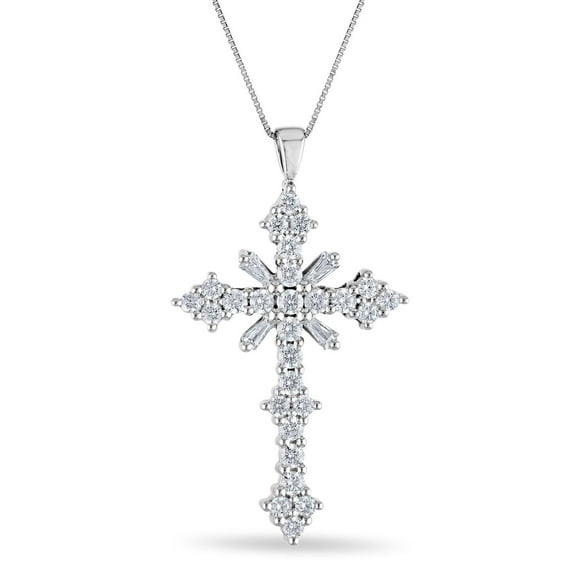 Baguette and Round Cut Diamond Cross Pendant Necklace in 14K Gold