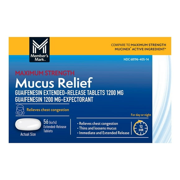 Member's Mark Max Strength Mucus Relief Guaifenesin Tablets, 1200 mg, 56 ct.