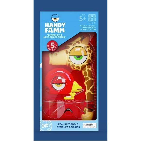 Handy Famm Kid-Friendly Tool Set for Creative and STEM Learning – Giraffe Hammer, Bird Tape Measure and Safety Goggles